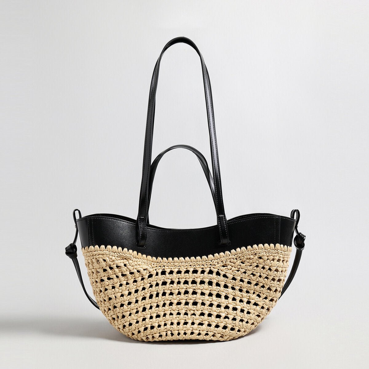 Handwoven Straw Leather Tote Bag – Summer Beach Bag with Multi-Pocket Organization