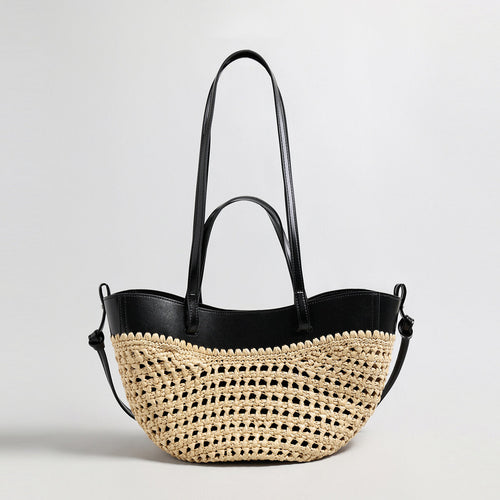 Handwoven Straw Leather Tote Bag – Summer Beach Bag with Multi-Pocket Organization