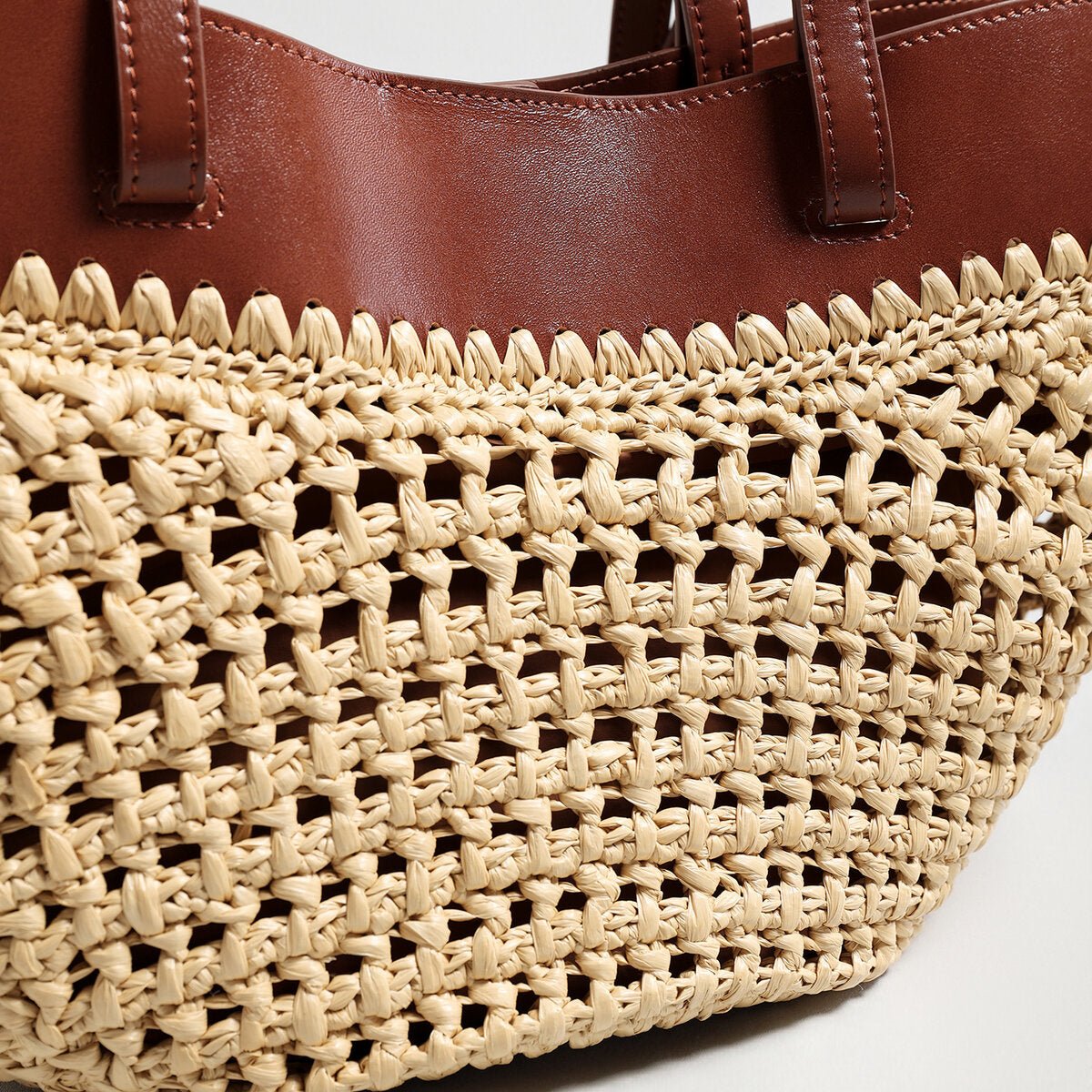 Handwoven Straw Leather Tote Bag – Summer Beach Bag with Multi-Pocket Organization