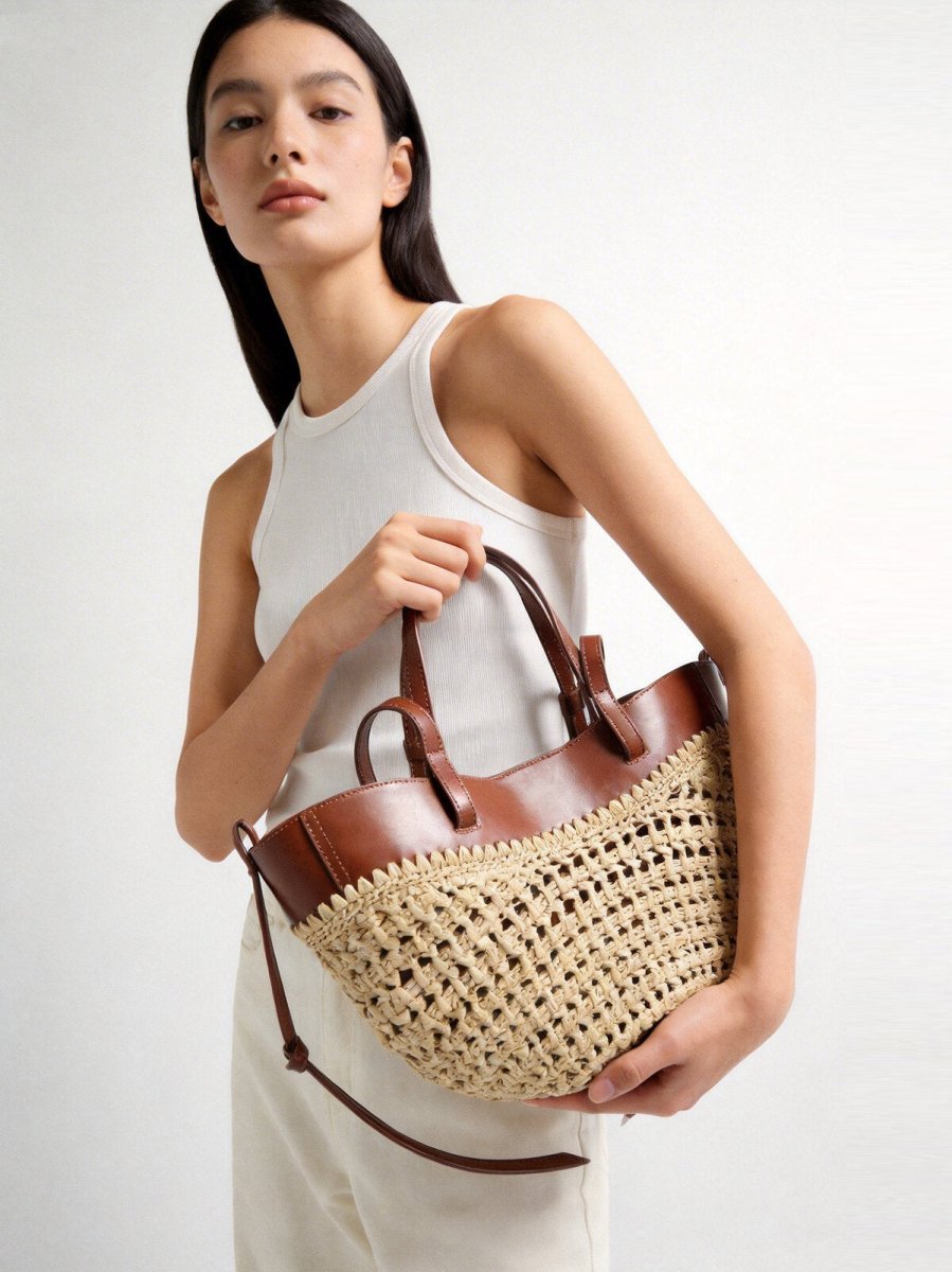 Handwoven Straw Leather Tote Bag – Summer Beach Bag with Multi-Pocket Organization