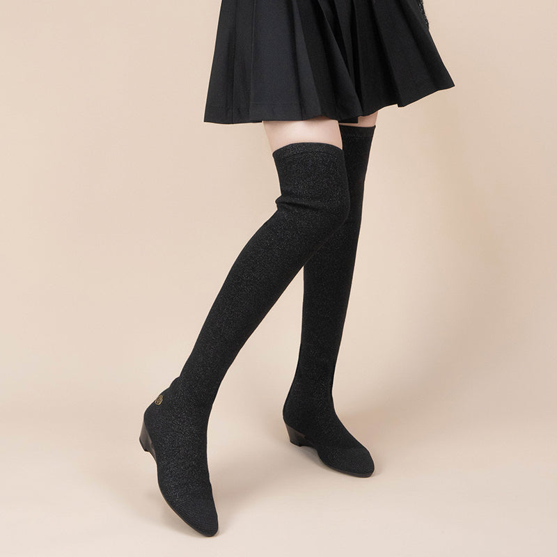 Stretch Over the Knee Boots – Low Heel Wool Knit Thigh High Boots