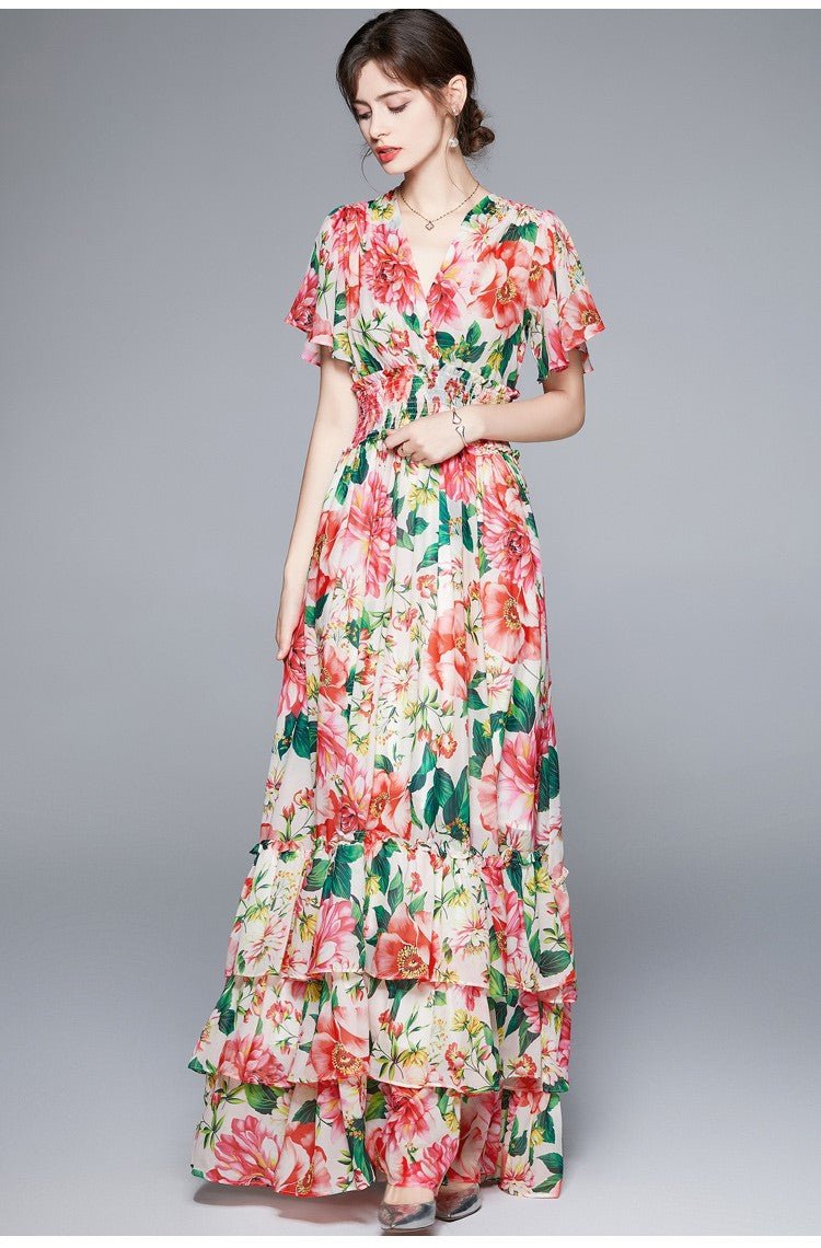 stretchy floral v neck ruffled waist maxi dress all floral 2