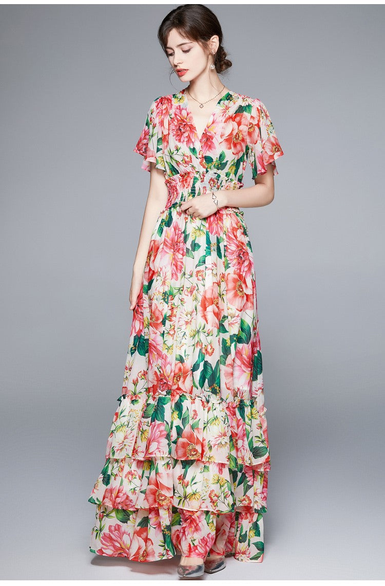 stretchy floral v neck ruffled waist maxi dress all floral 2