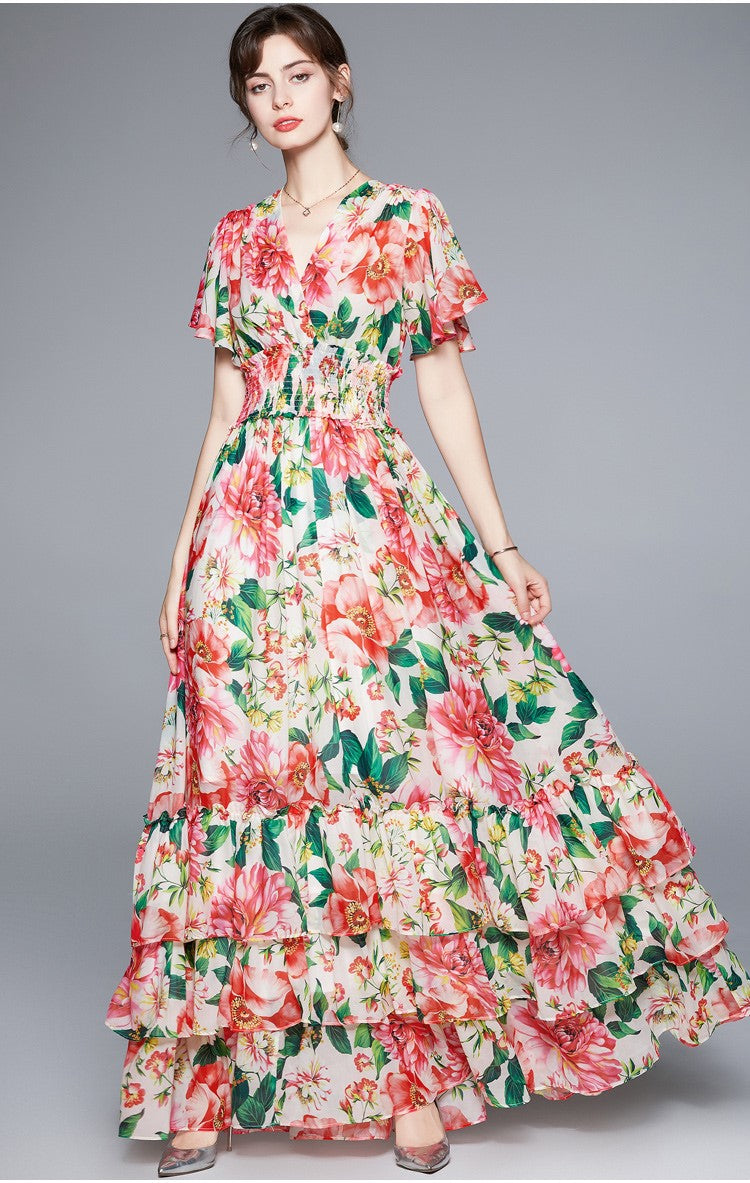 stretchy floral v neck ruffled waist maxi dress all floral 3