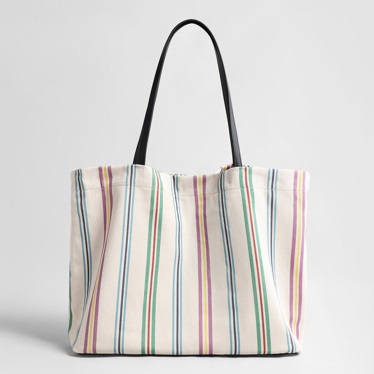 Striped Canvas Tote Bag – Multi-Stripe Cotton-Linen with Leather Straps