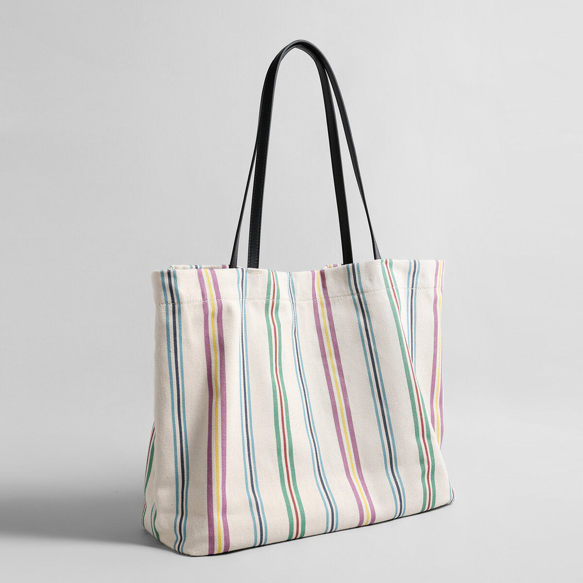Striped Canvas Tote Bag – Multi-Stripe Cotton-Linen with Leather Straps