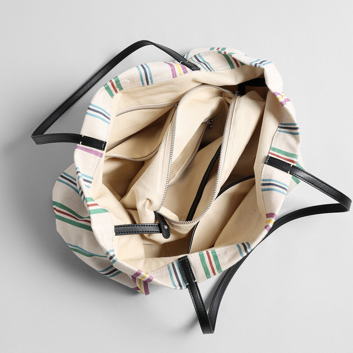 Striped Canvas Tote Bag – Multi-Stripe Cotton-Linen with Leather Straps