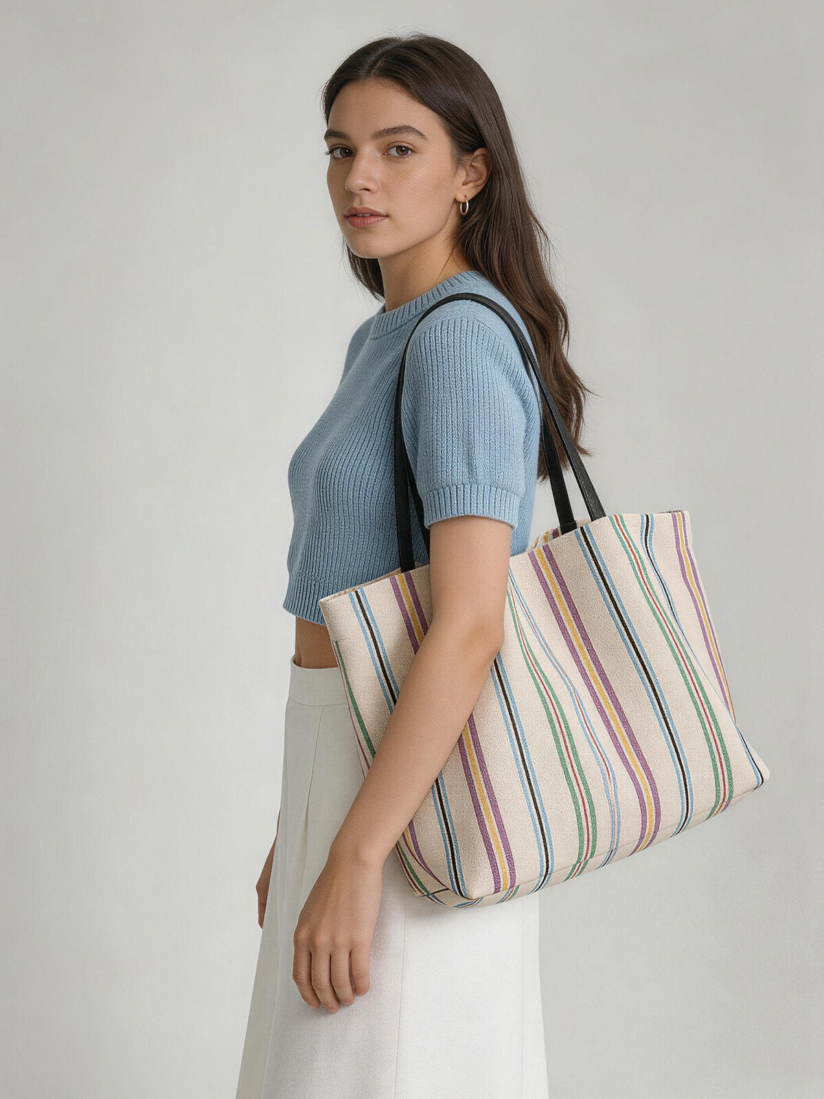 Striped Canvas Tote Bag – Multi-Stripe Cotton-Linen with Leather Straps