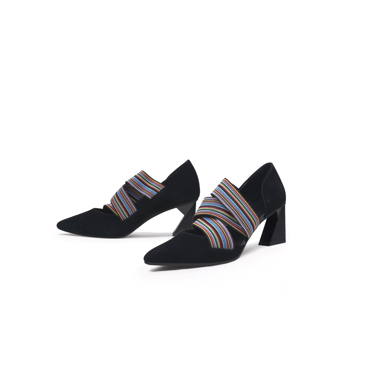 striped ribbon trim pointed toe pumps all black 6