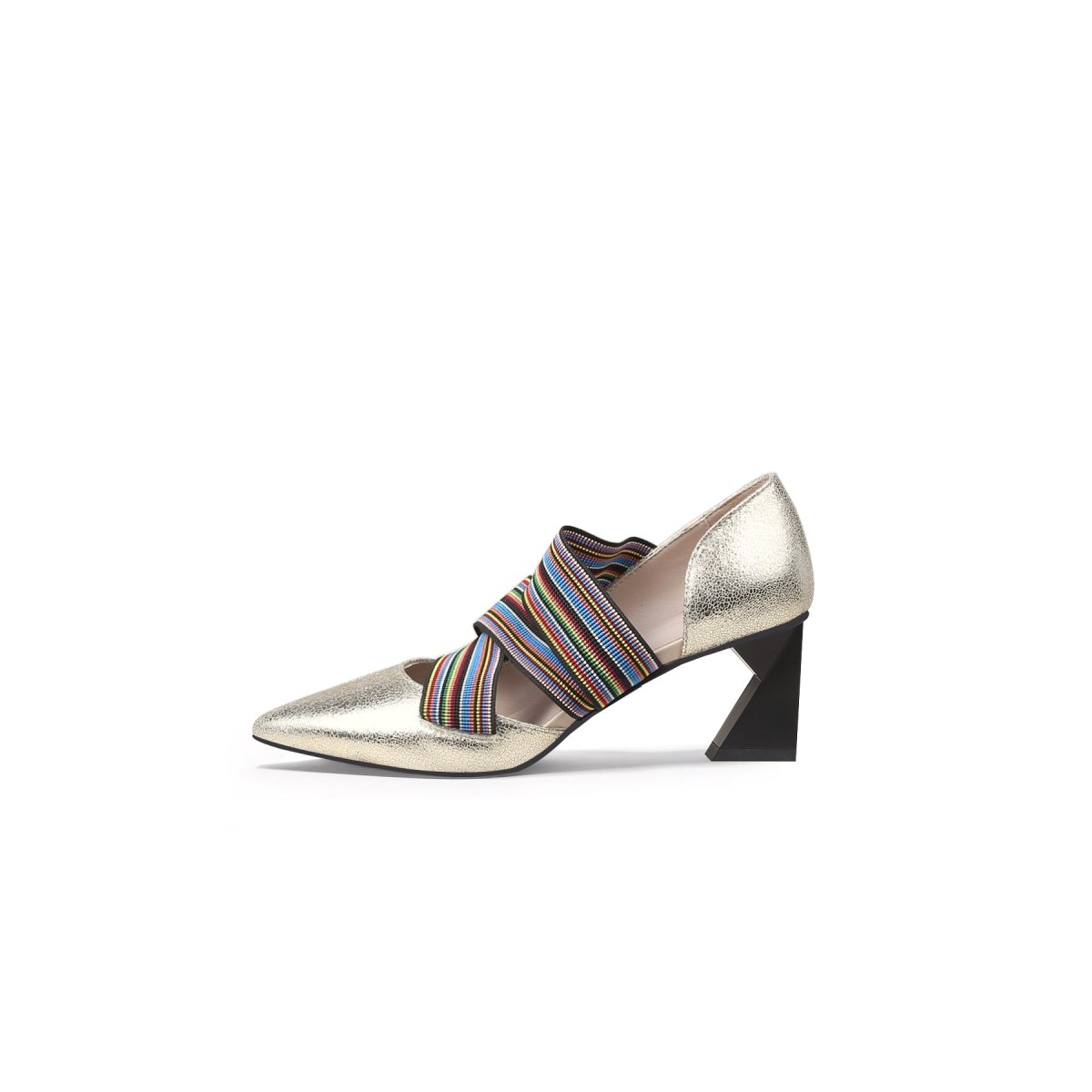 striped ribbon trim pointed toe pumps all gold 1