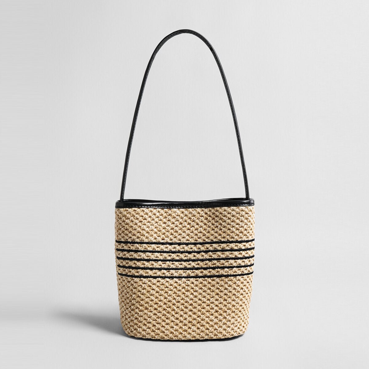 Striped Woven Straw Bucket Bag – Marte Grass Leather Trim Shoulder Bag