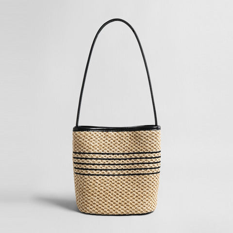 Striped Woven Straw Bucket Bag – Marte Grass Leather Trim Shoulder Bag