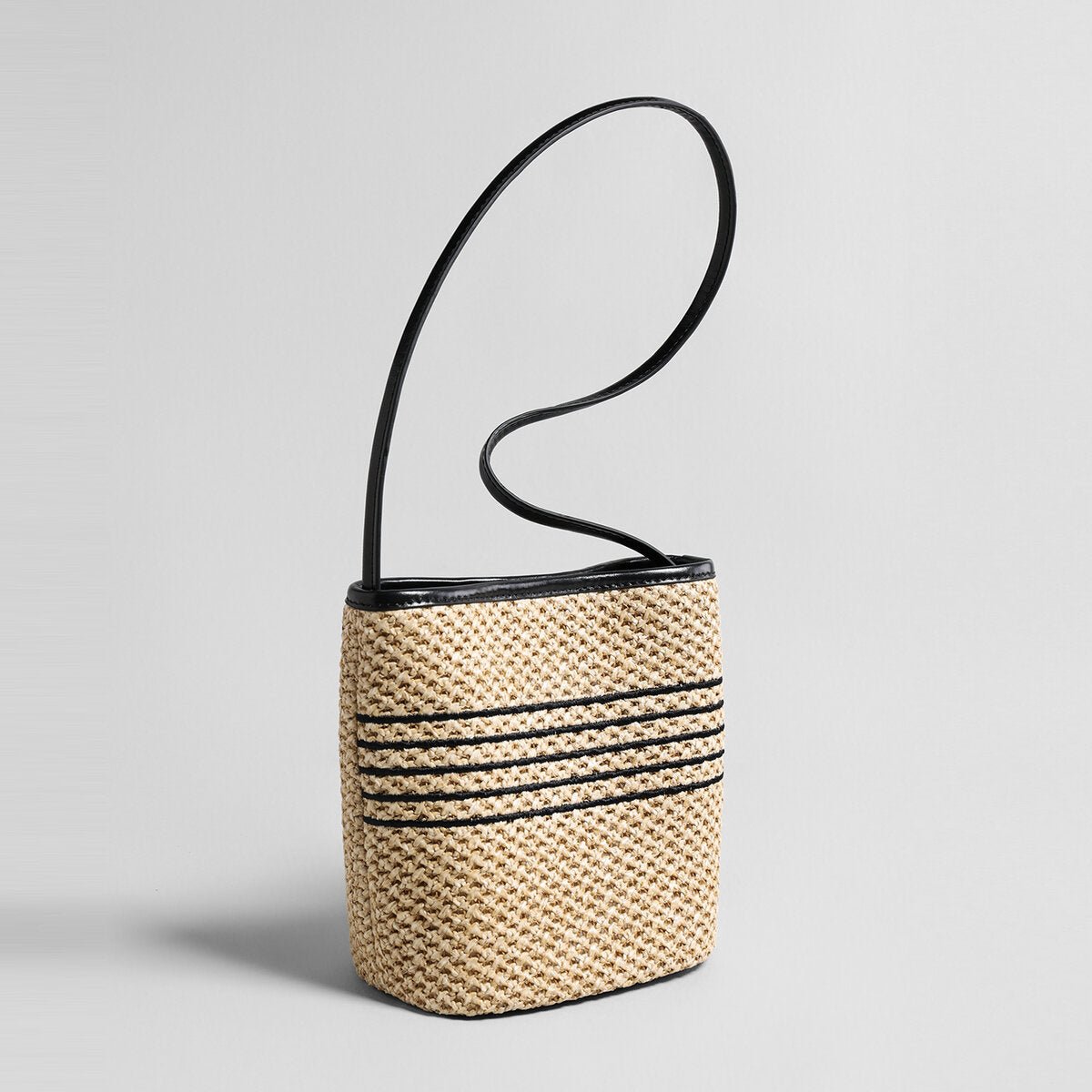 Striped Woven Straw Bucket Bag – Marte Grass Leather Trim Shoulder Bag