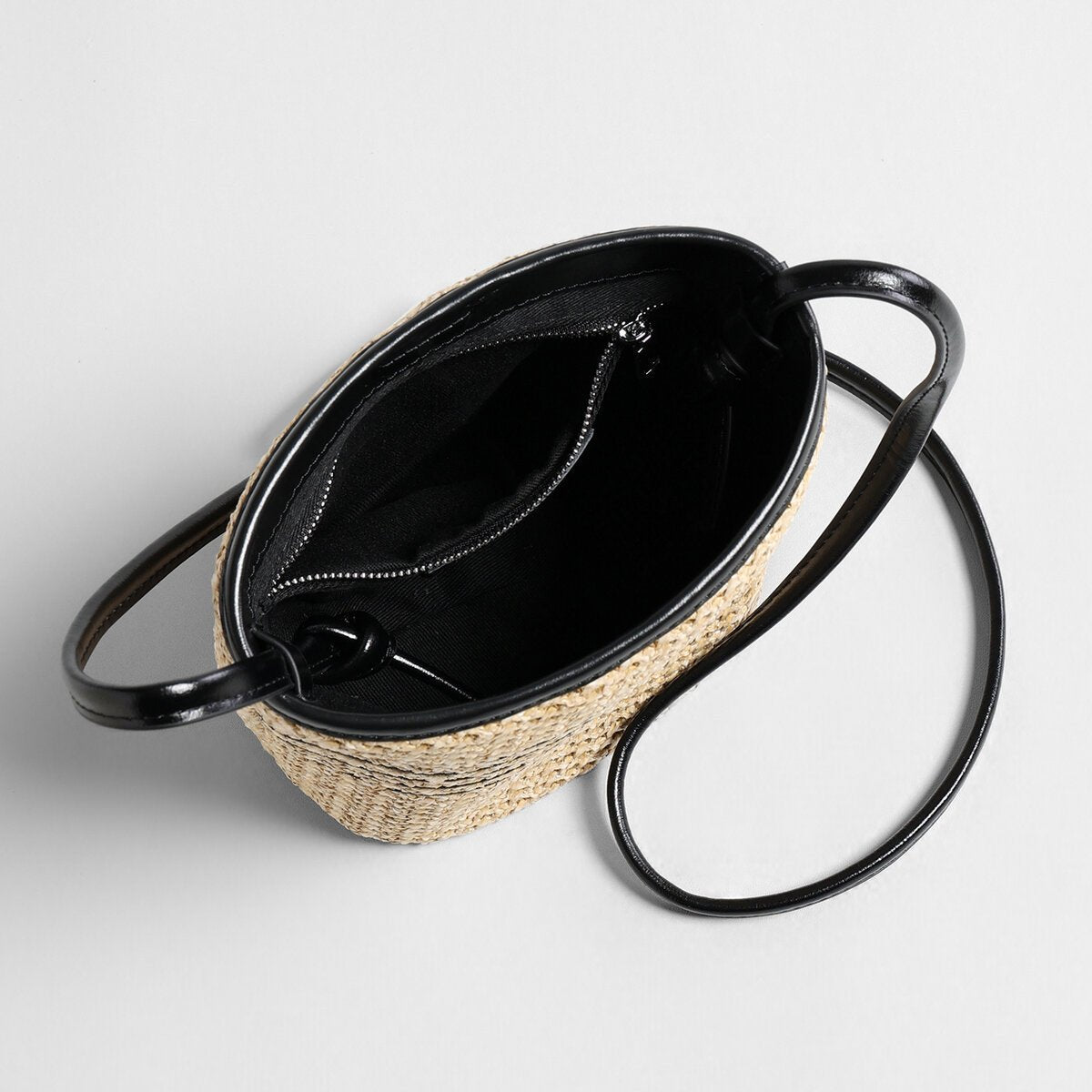 Striped Woven Straw Bucket Bag – Marte Grass Leather Trim Shoulder Bag