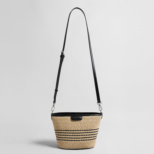 Striped Woven Straw Crossbody Bag – Marte Grass Leather Trim with Zip Closure
