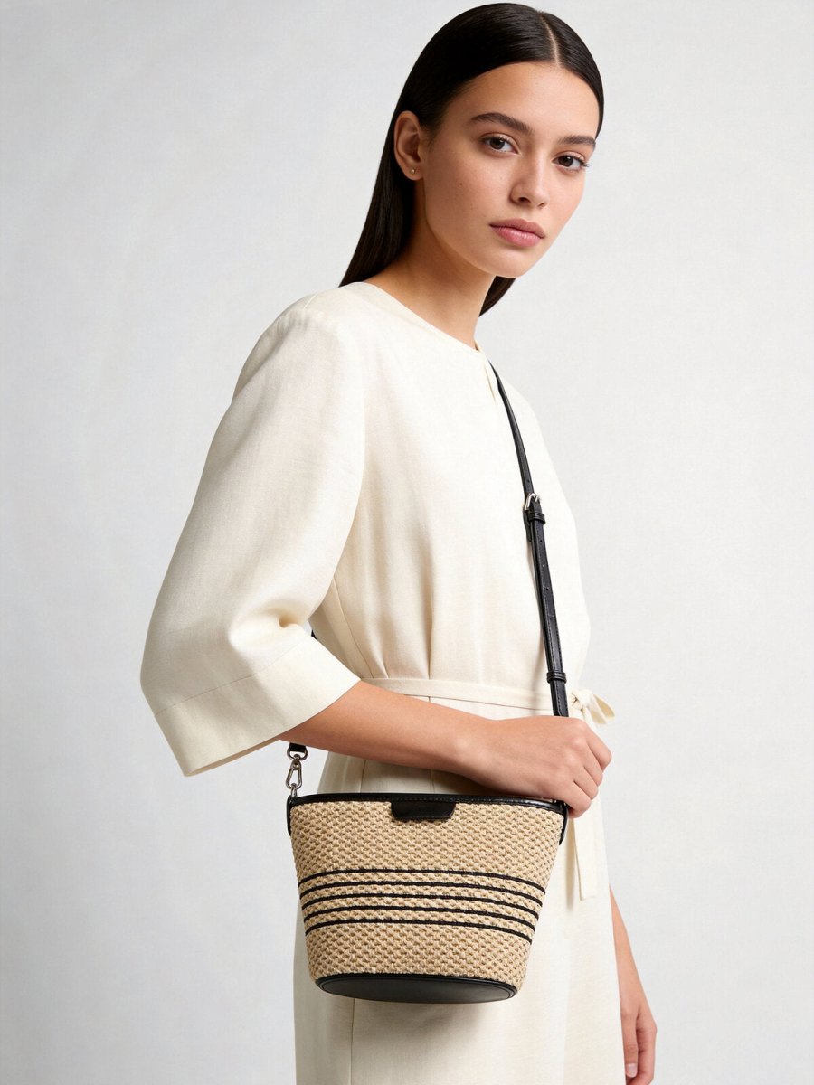 Striped Woven Straw Crossbody Bag – Marte Grass Leather Trim with Zip Closure