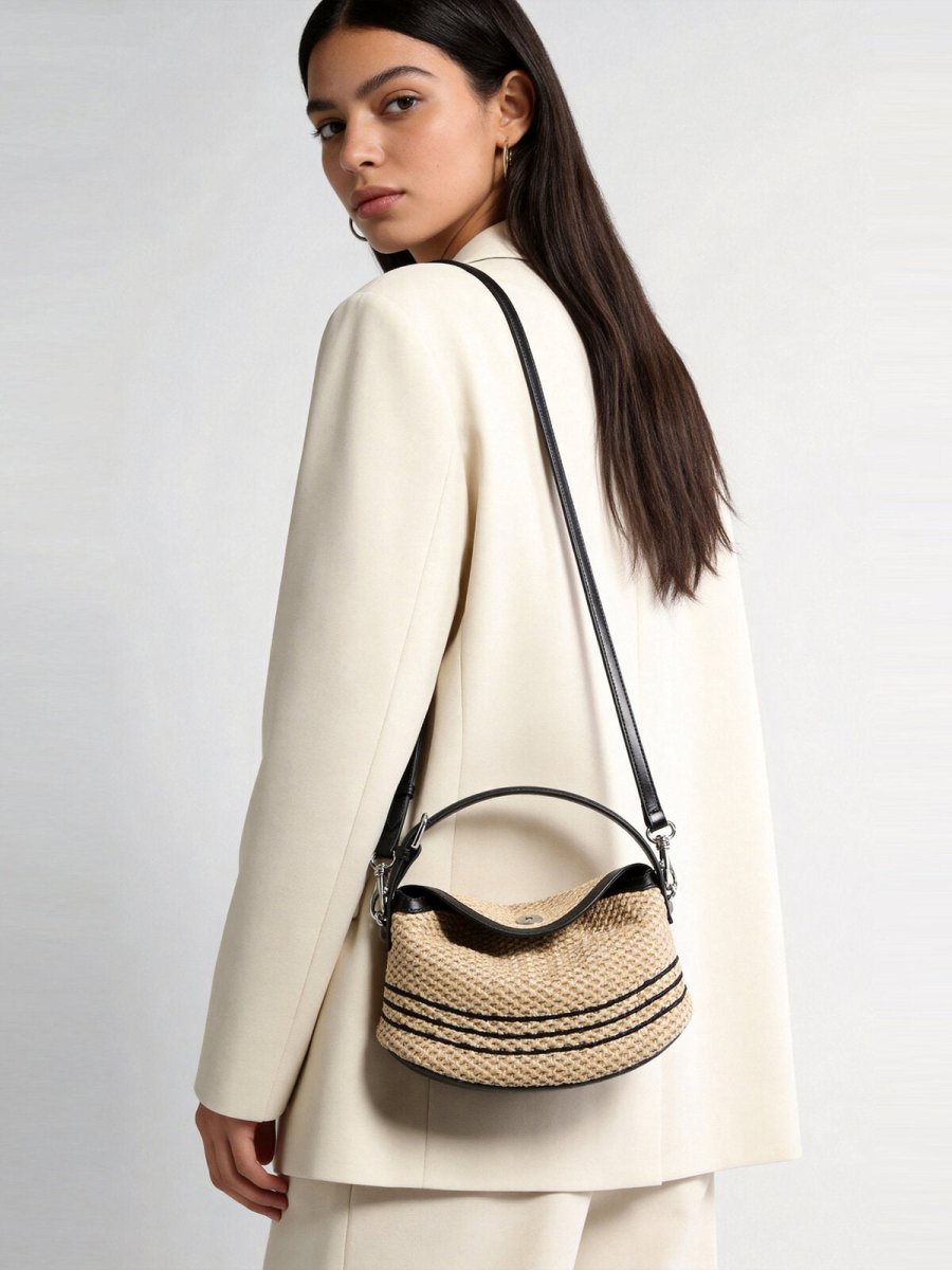 Striped Woven Straw Hobo Bag – Marte Grass Leather Trim Crossbody with Dual Straps