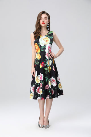 Structured A Line Floral Black Dress