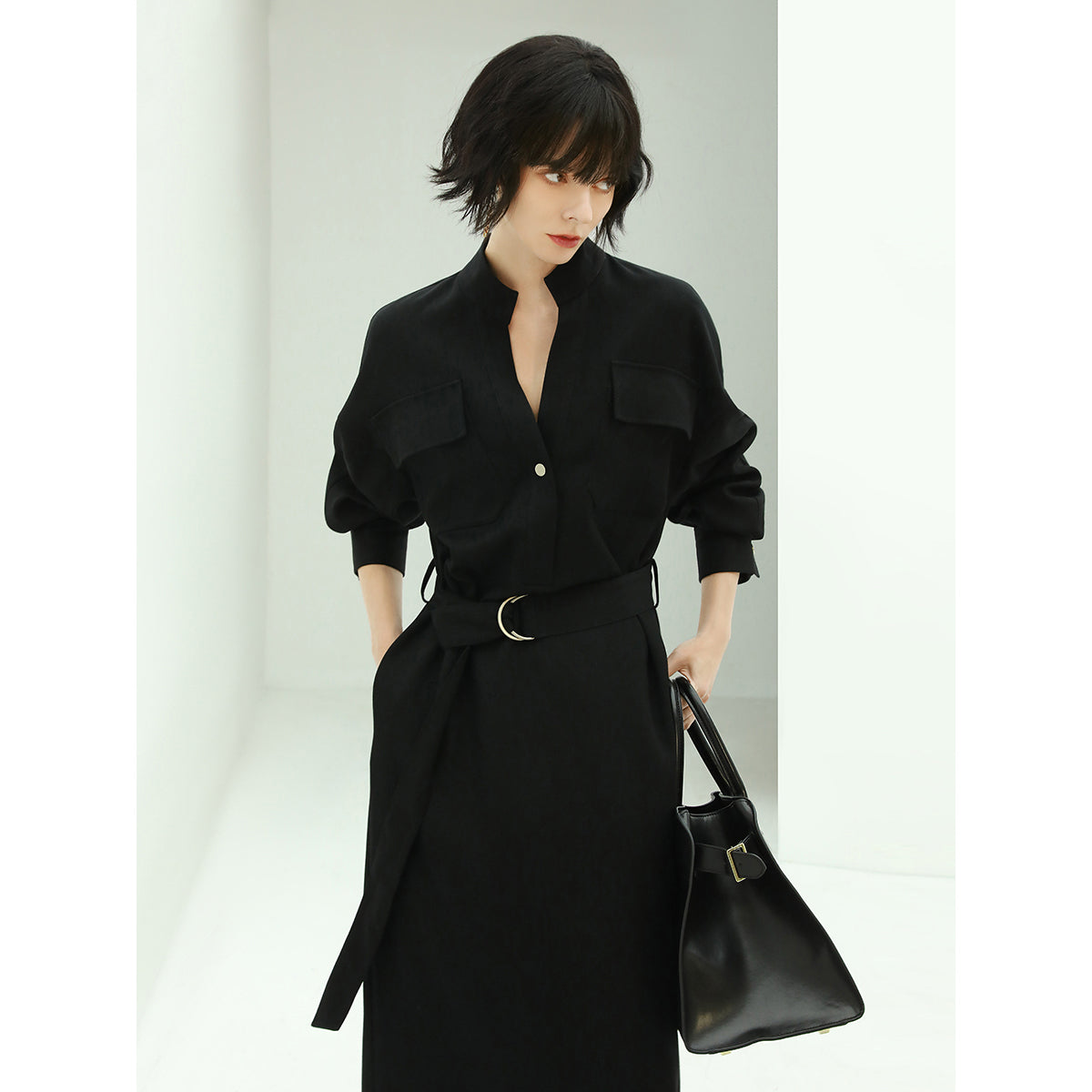 structured belted black shirt dress all black 1