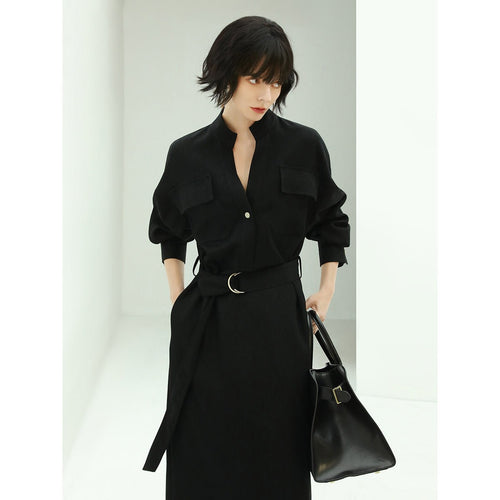 structured belted black shirt dress all black 1