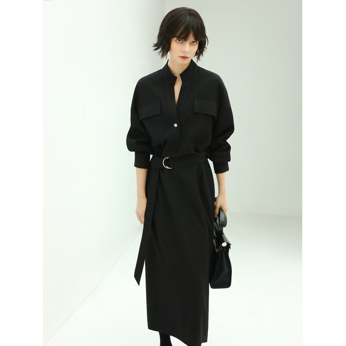 structured belted black shirt dress all black 2