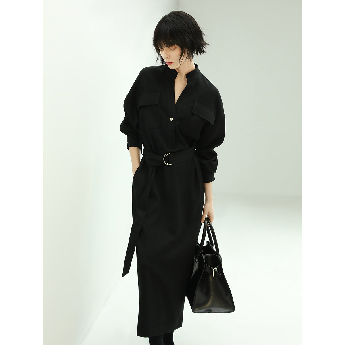 structured belted black shirt dress all black 3