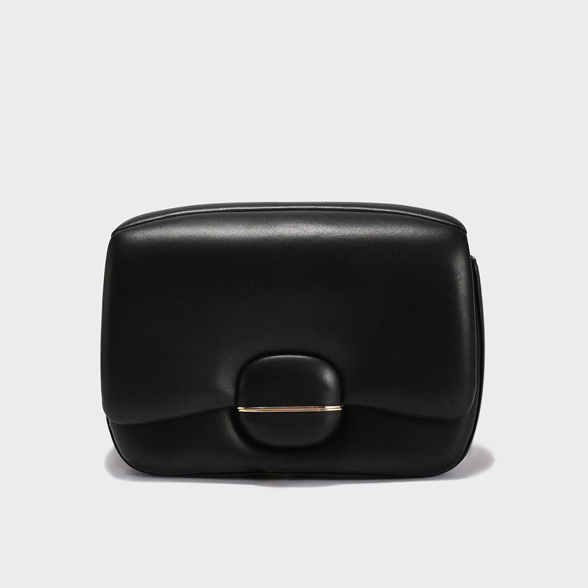 Structured Buckle Leather Shoulder Bag – Sculptural Lambskin Flap Bag with Gold Chain Strap