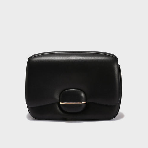 Structured Buckle Leather Shoulder Bag – Sculptural Lambskin Flap Bag with Gold Chain Strap