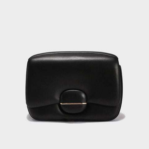 Structured Buckle Leather Shoulder Bag – Sculptural Lambskin Flap Bag with Gold Chain Strap