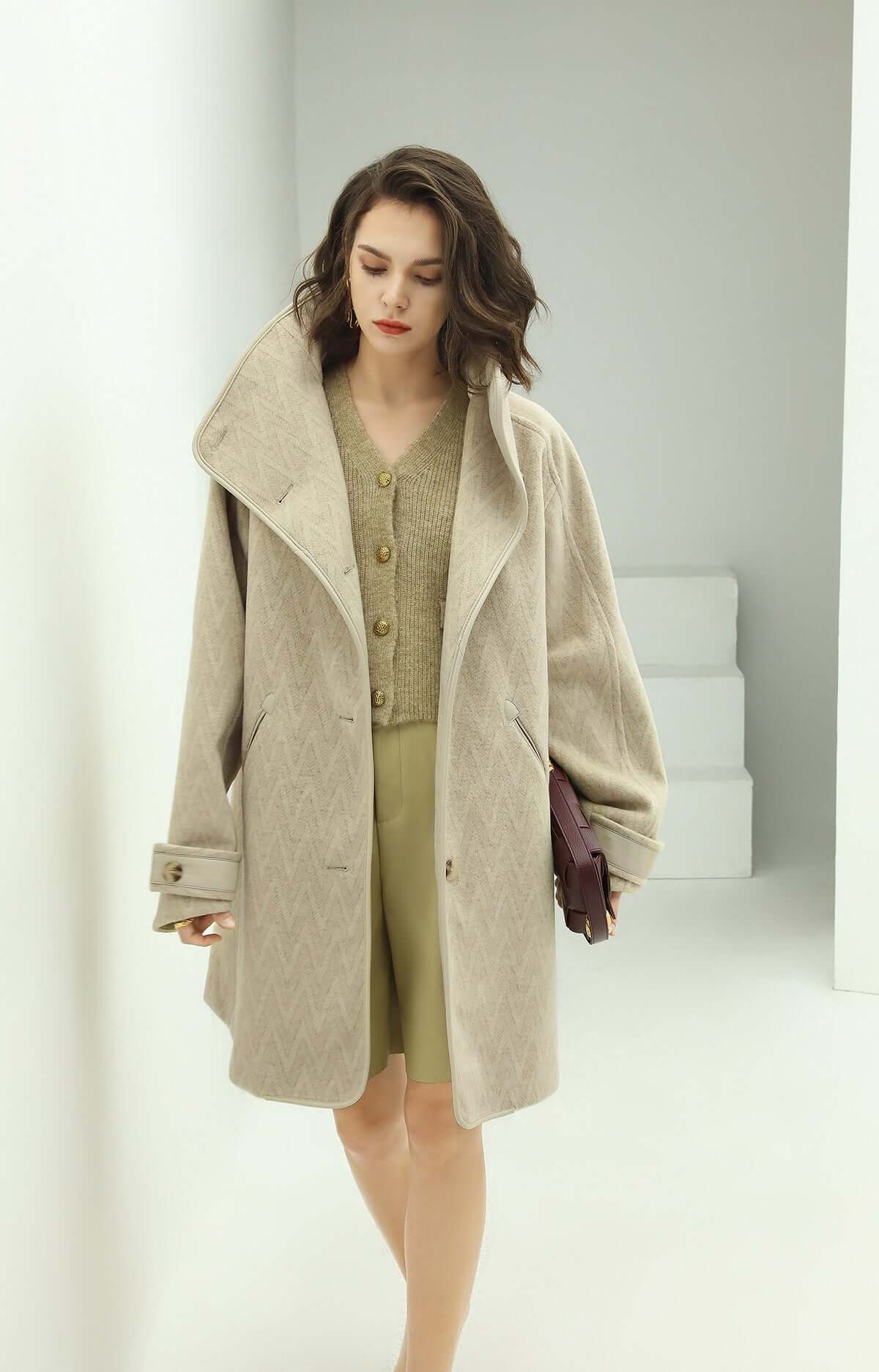 structured lapel collar herringbone khaki coat all khaki 2