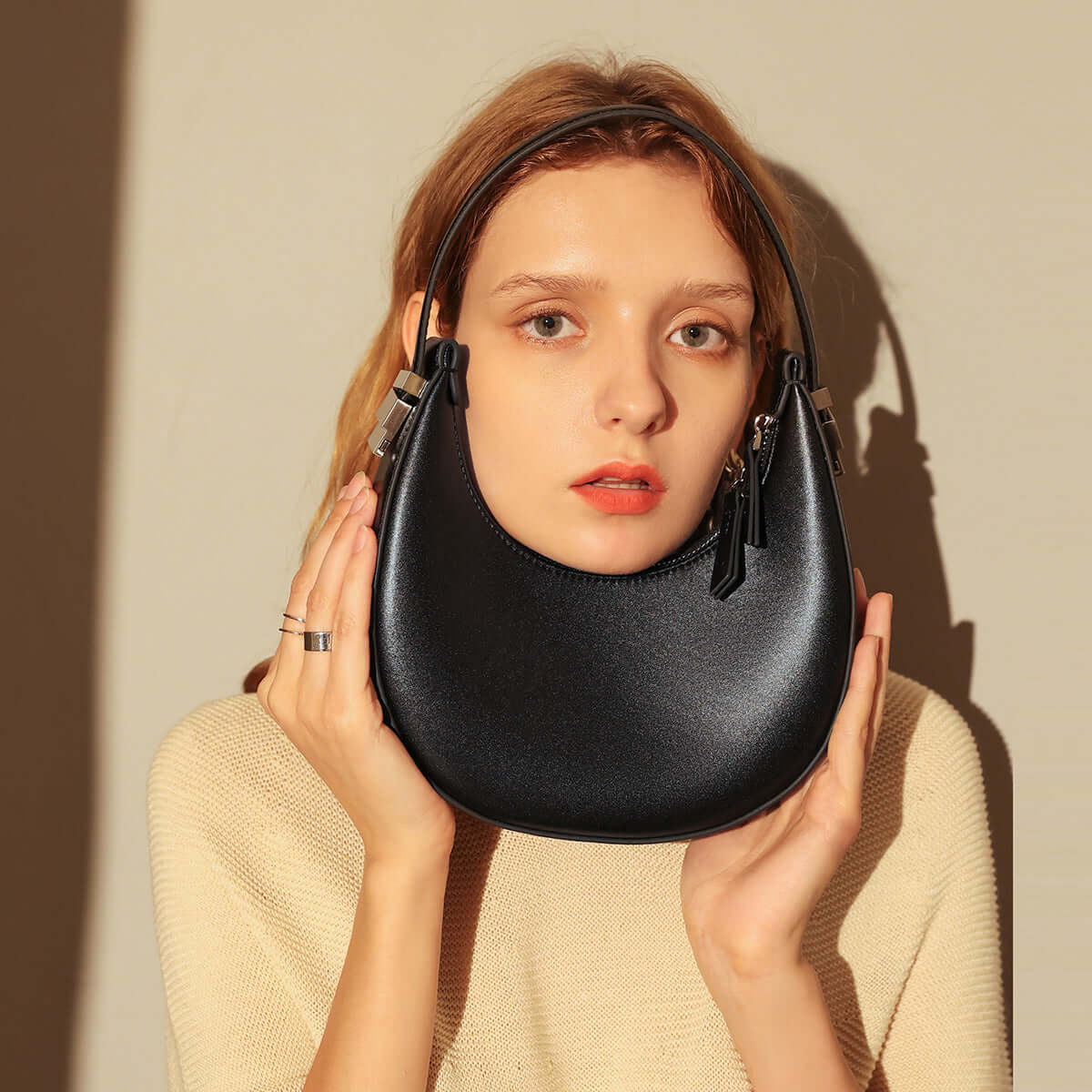 structured leather crescent moon bag black 5