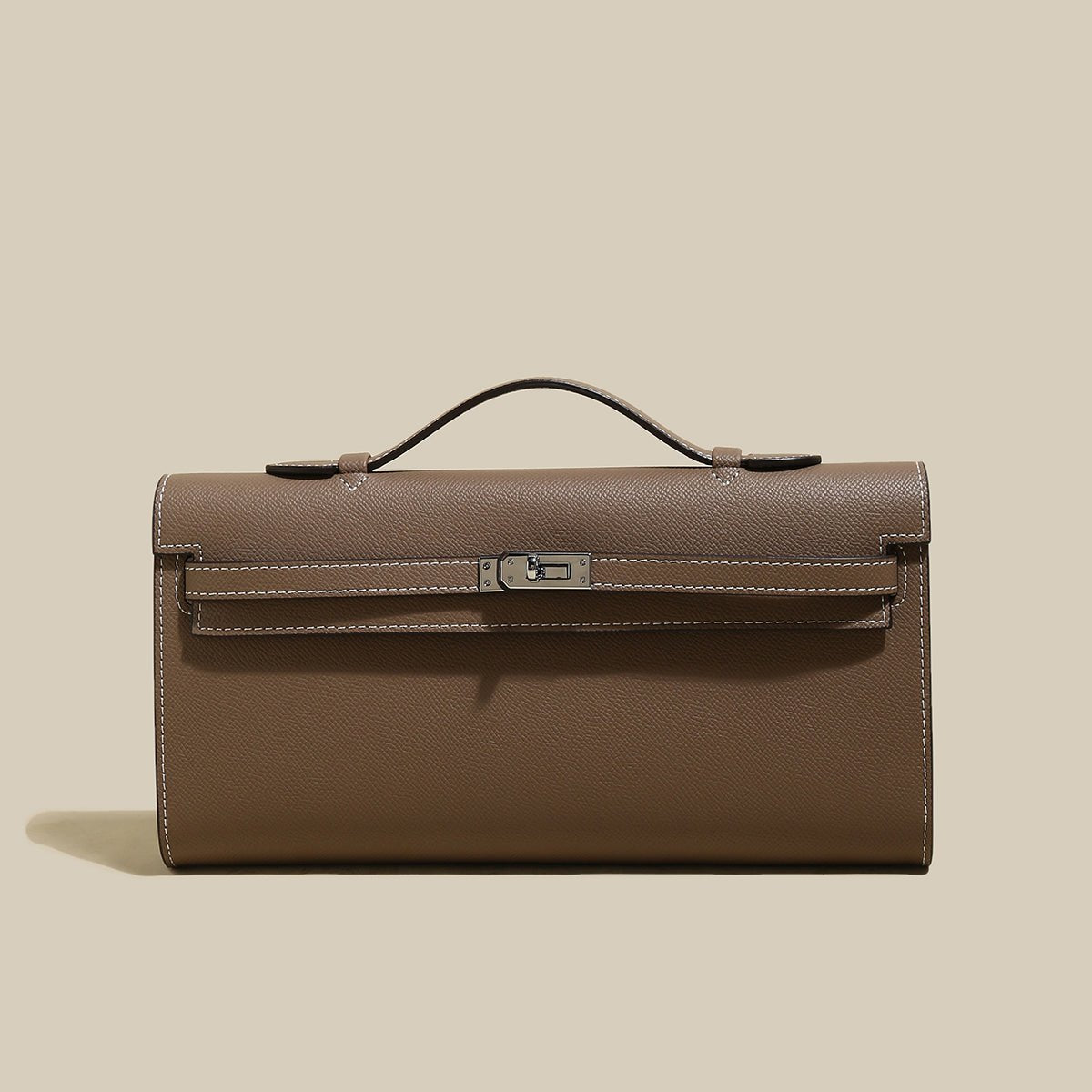 Structured Saffiano Leather Top-Handle Clutch – Elongated Evening Bag with Silver Turn-Lock & Contrast Stitching