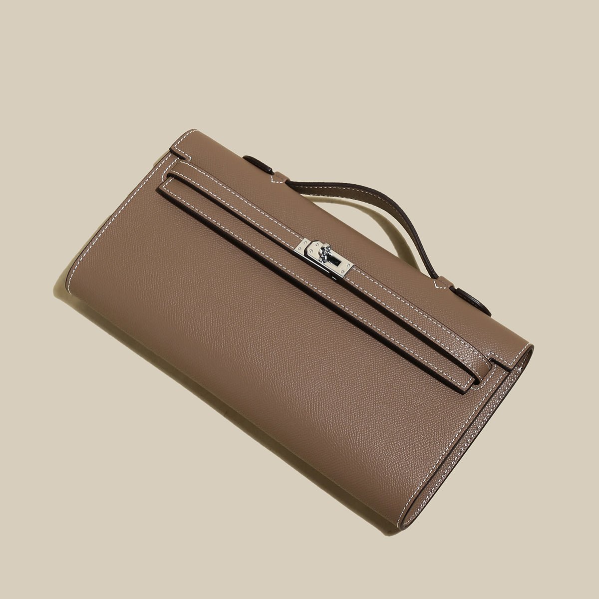 Structured Saffiano Leather Top-Handle Clutch – Elongated Evening Bag with Silver Turn-Lock & Contrast Stitching