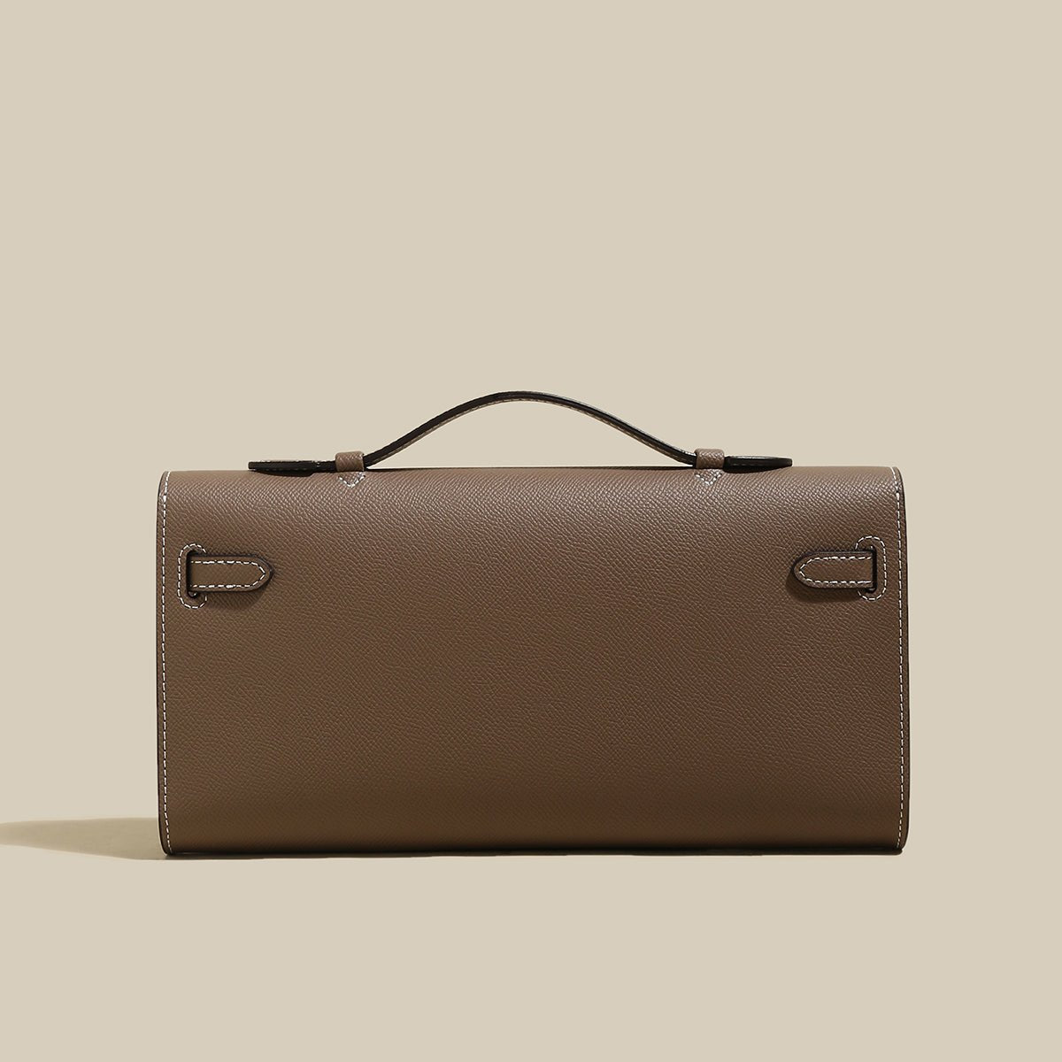 Structured Saffiano Leather Top-Handle Clutch – Elongated Evening Bag with Silver Turn-Lock & Contrast Stitching