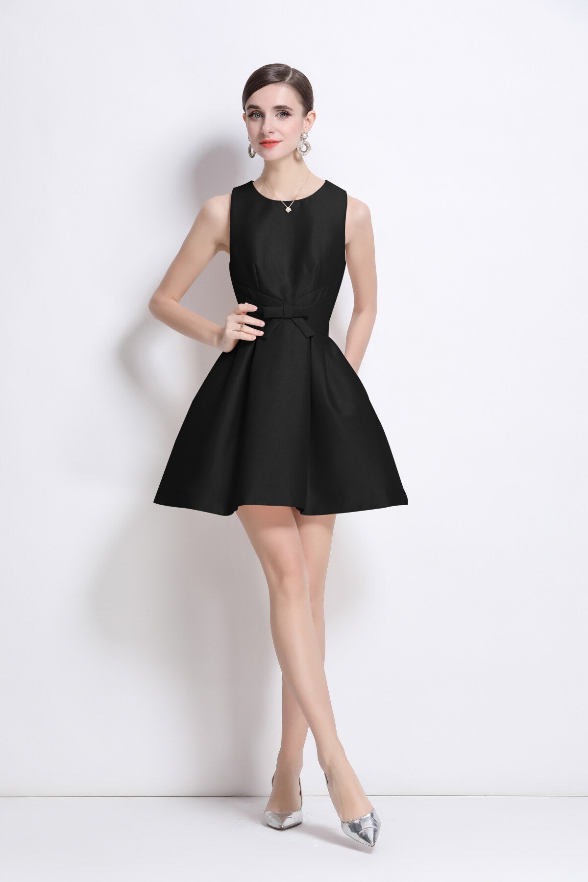 structured pleated helm petite dress all black 1