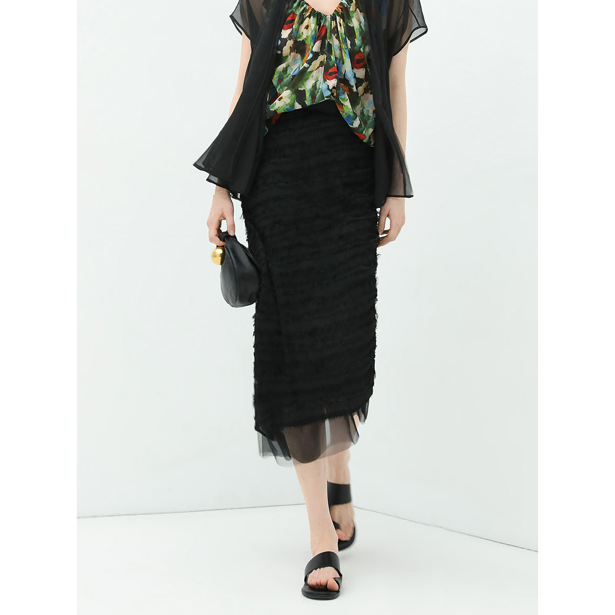 stylish diagonally ruched mesh black skirt all black 1