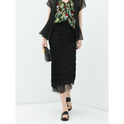 stylish diagonally ruched mesh black skirt all black 1