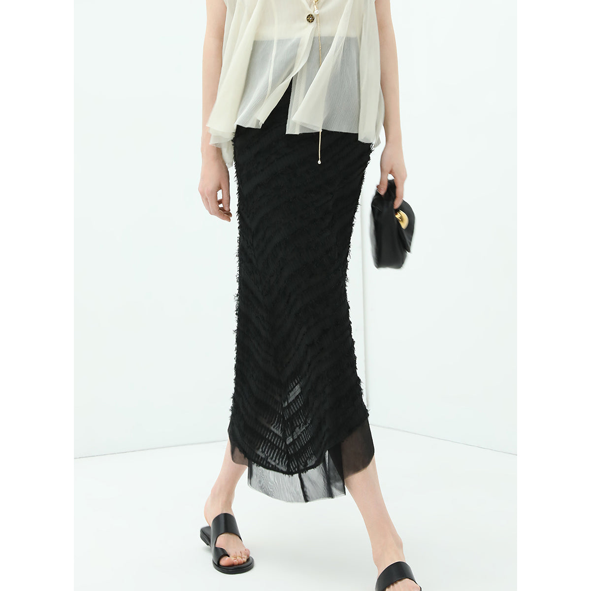 stylish diagonally ruched mesh black skirt all black 2