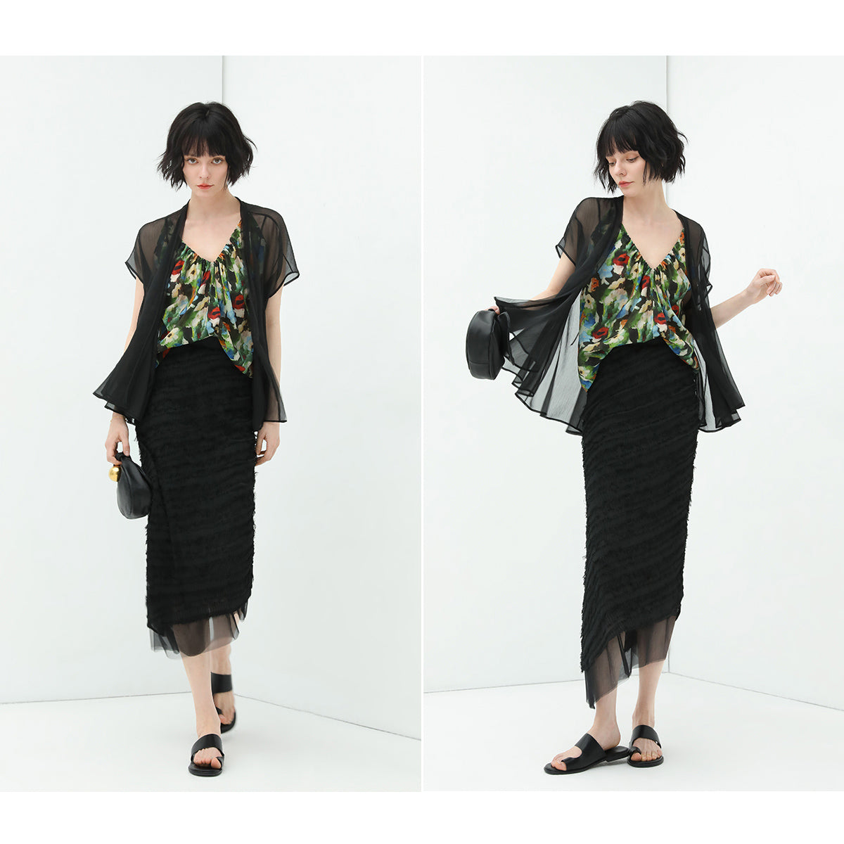 stylish diagonally ruched mesh black skirt all black 3