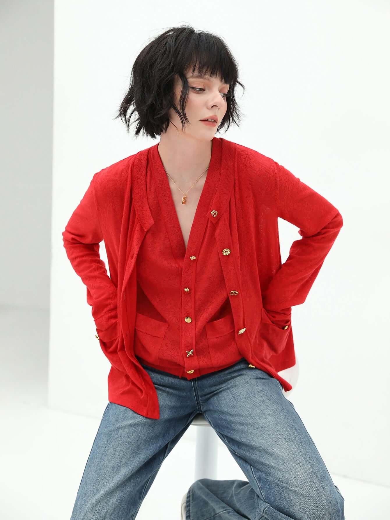 stylish red cardigan with gold snap buttons all red 1