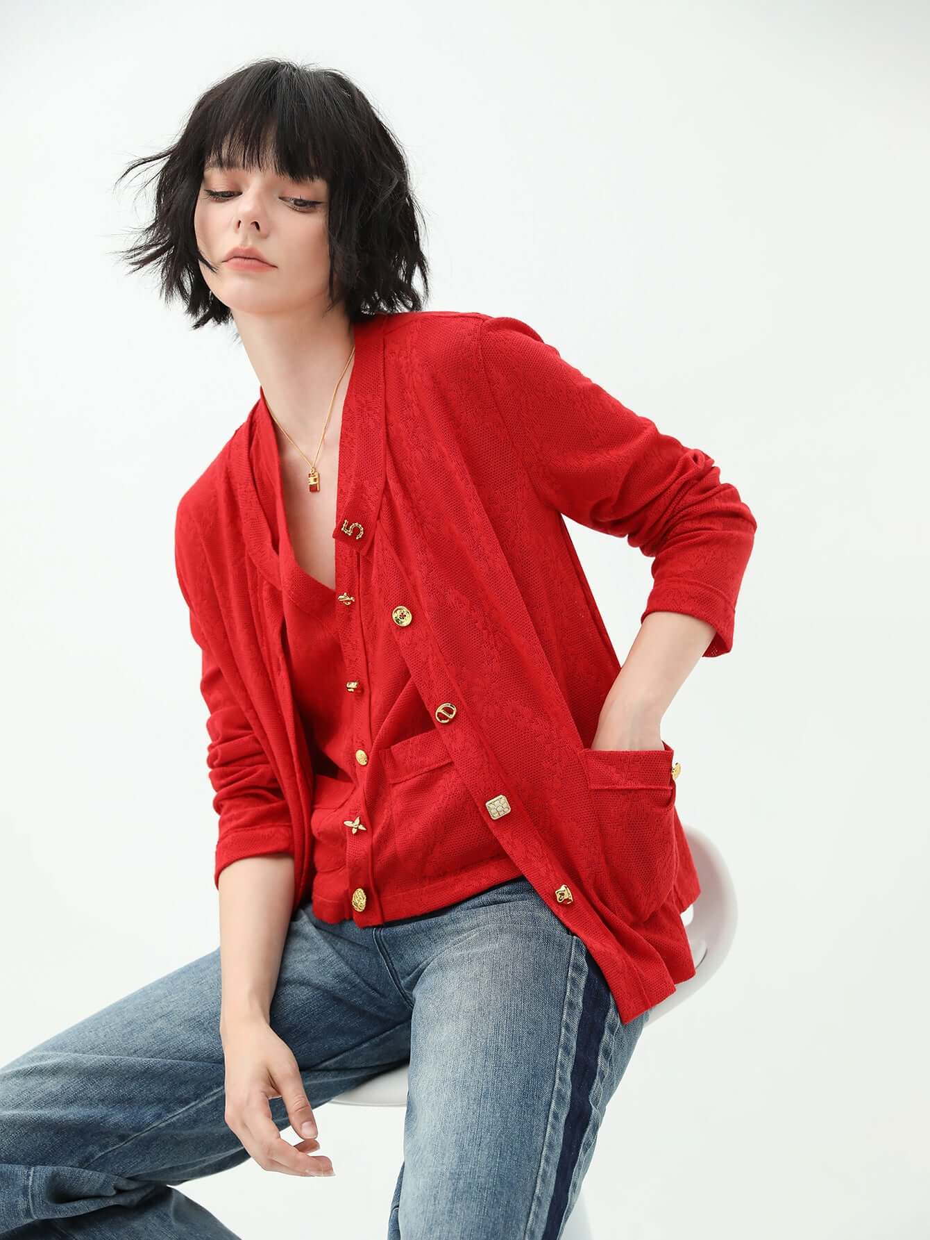 stylish red cardigan with gold snap buttons all red 2