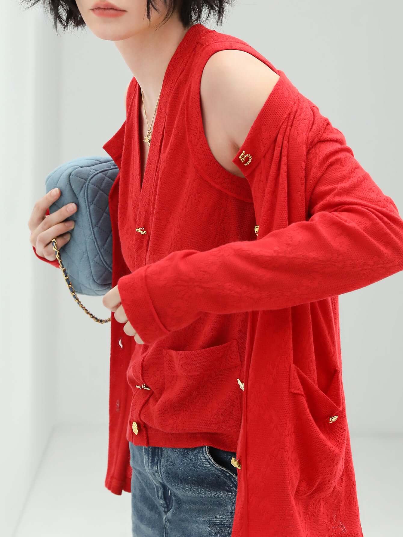 stylish red cardigan with gold snap buttons all red 3