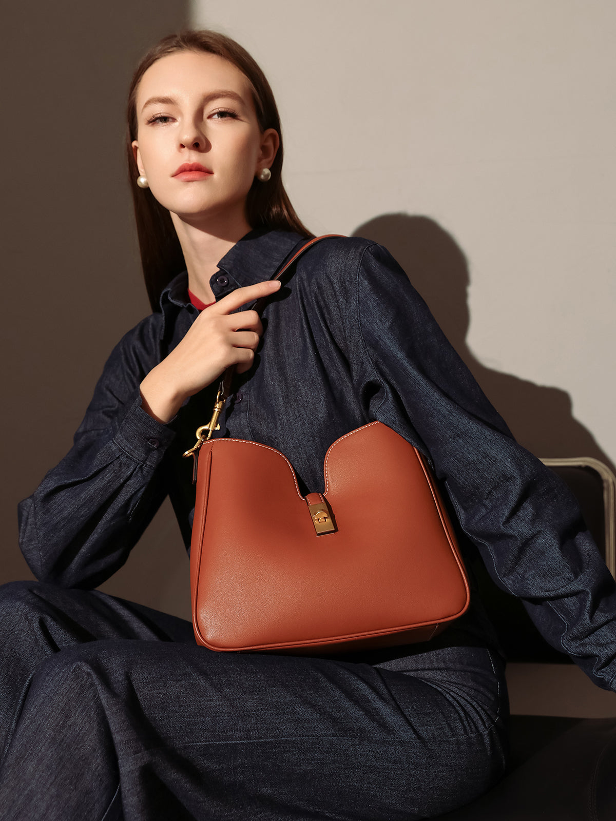 stylish scallop leather tote bag brown 4