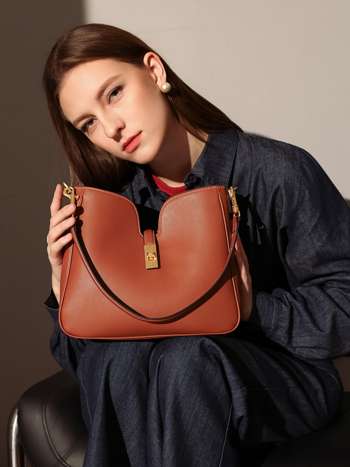 stylish scallop leather tote bag brown 5