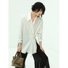 Suave Asymmetrical Hem Knot Buckled White Shirt