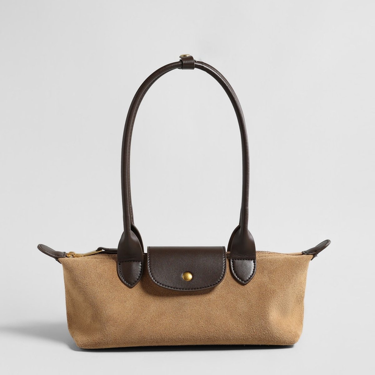 Suede Baguette Bag – Contrast Leather Shoulder Bag with Brass-Tone Snap