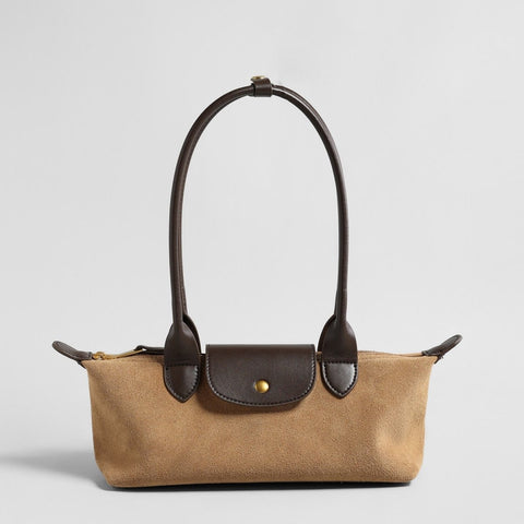 Suede Baguette Bag – Contrast Leather Shoulder Bag with Brass-Tone Snap