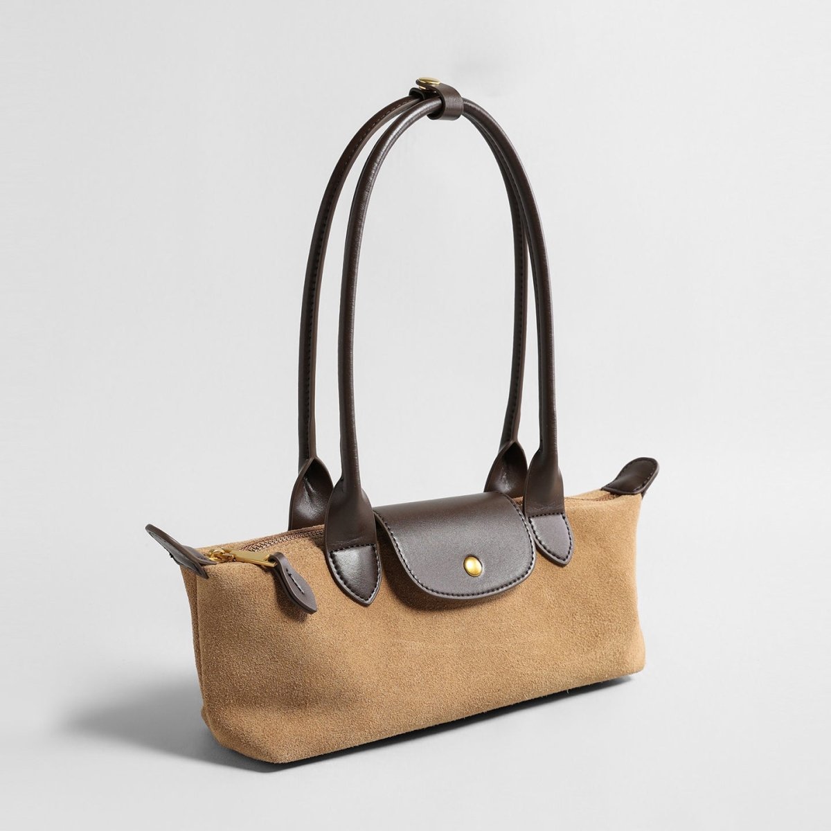 Suede Baguette Bag – Contrast Leather Shoulder Bag with Brass-Tone Snap