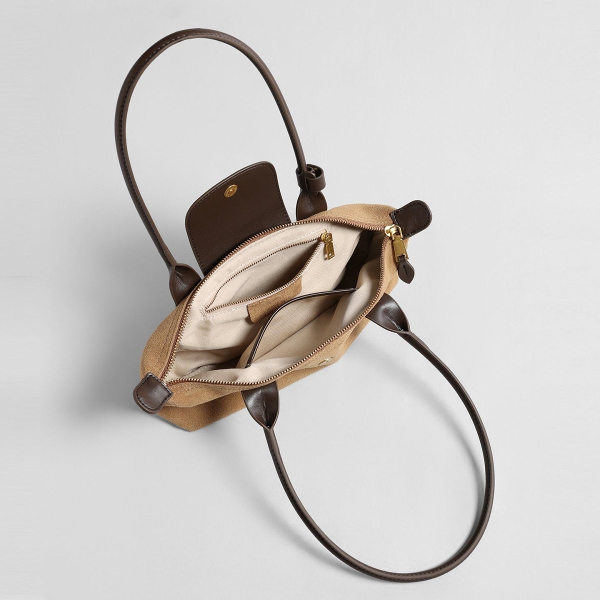 Suede Baguette Bag – Contrast Leather Shoulder Bag with Brass-Tone Snap