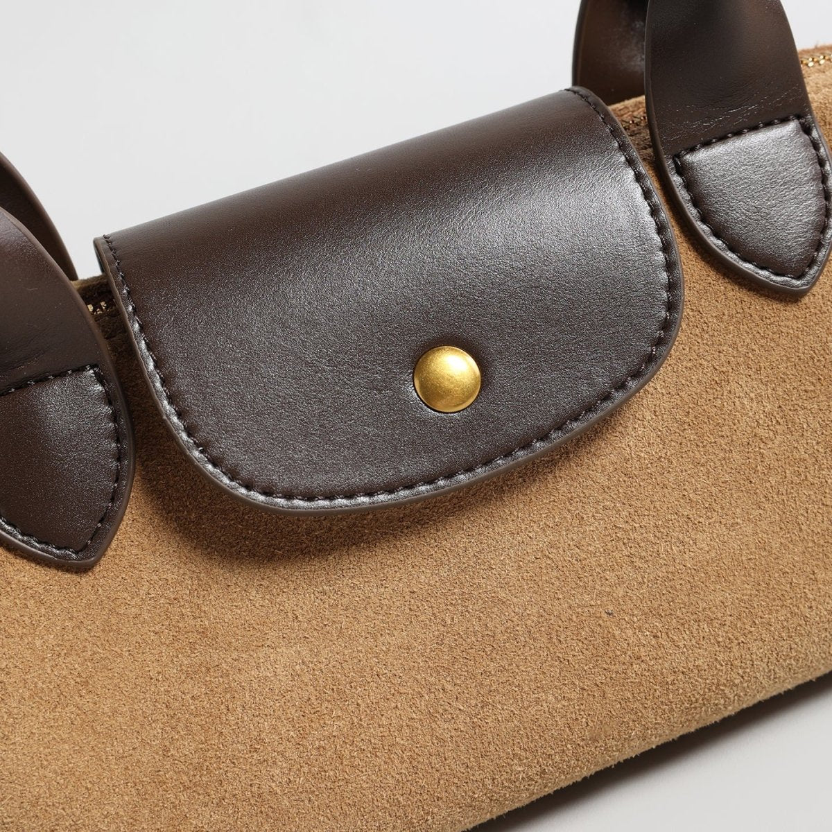 Suede Baguette Bag – Contrast Leather Shoulder Bag with Brass-Tone Snap
